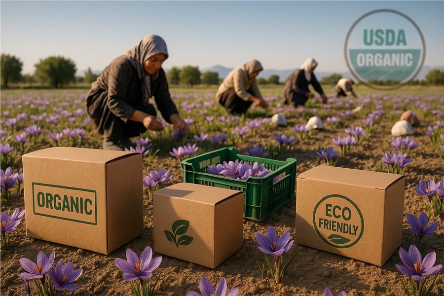 مزرعه زعفران ارگانیک ایرانی با بسته‌بندی پایدار، نشان‌دهنده تجارت سبز در 2025