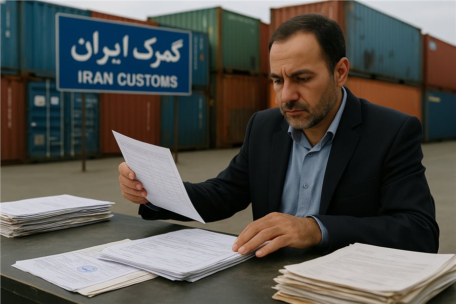 محیط گمرک ایران با کارمند در حال بررسی اسناد تجاری برای واردات و صادرات.