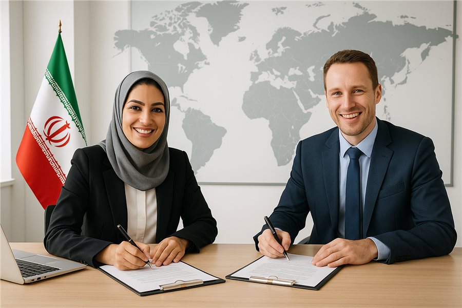 کارآفرین ایرانی در حال امضای قرارداد تجاری موفق با شریک خارجی.